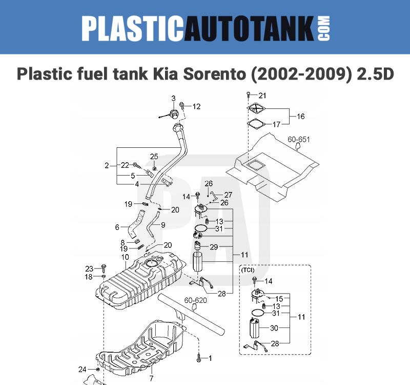 Plastic fuel tank – Kia Sorento (2002-2009) 2,5 dizel-schema