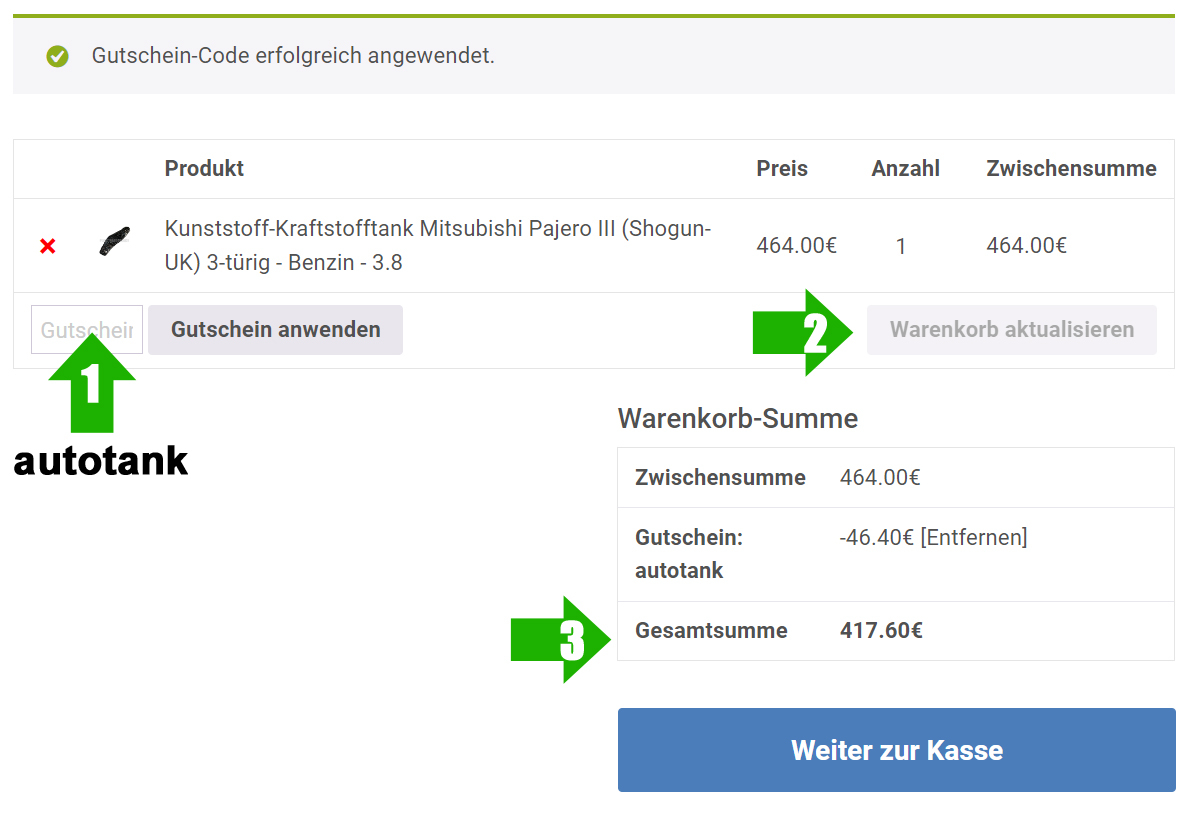 Example: entering the coupon code autotank in the cart